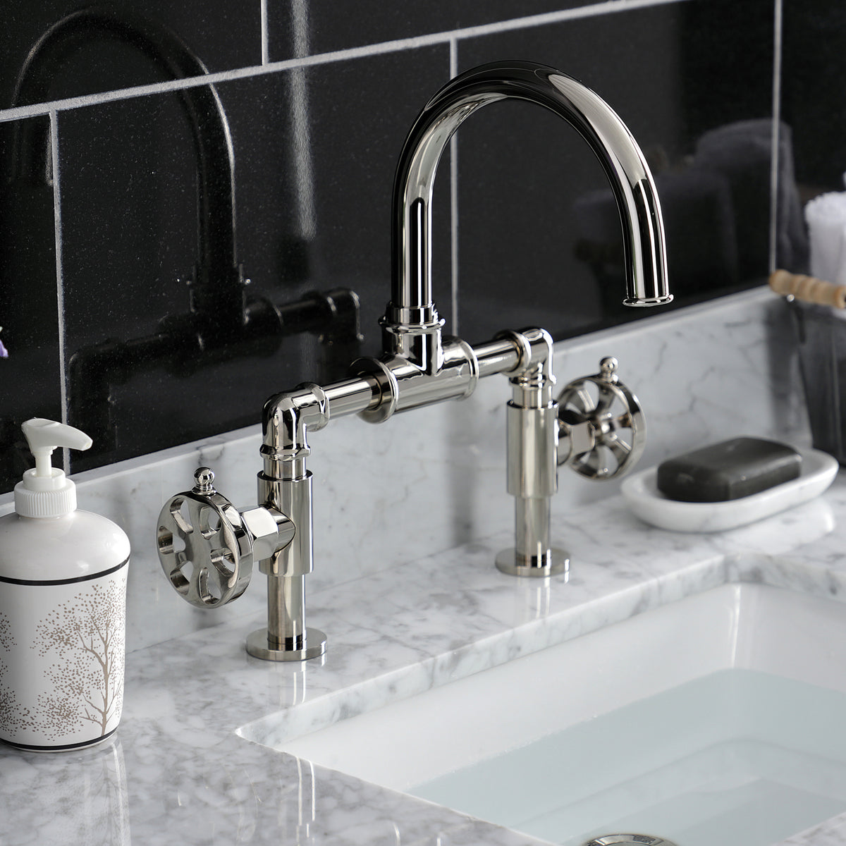 Kingston Brass KS217RXVN Belknap Industrial Style Wheel Handle Bridge Bathroom Faucet with Pop-Up Drain