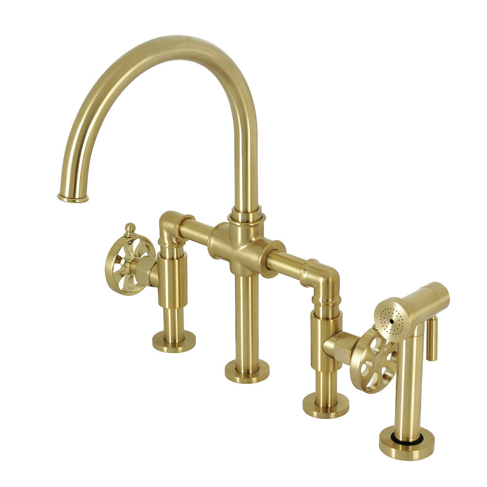 Kingston Brass KS2330RX Belknap Industrial Style Bridge Kitchen Faucet with Brass Sprayer