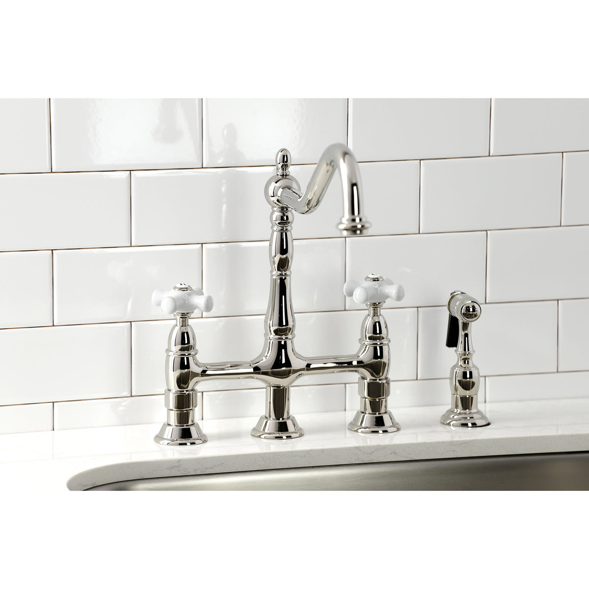 Kingston Brass KS1273PXBS Heritage Bridge Kitchen Faucet with Brass Sprayer