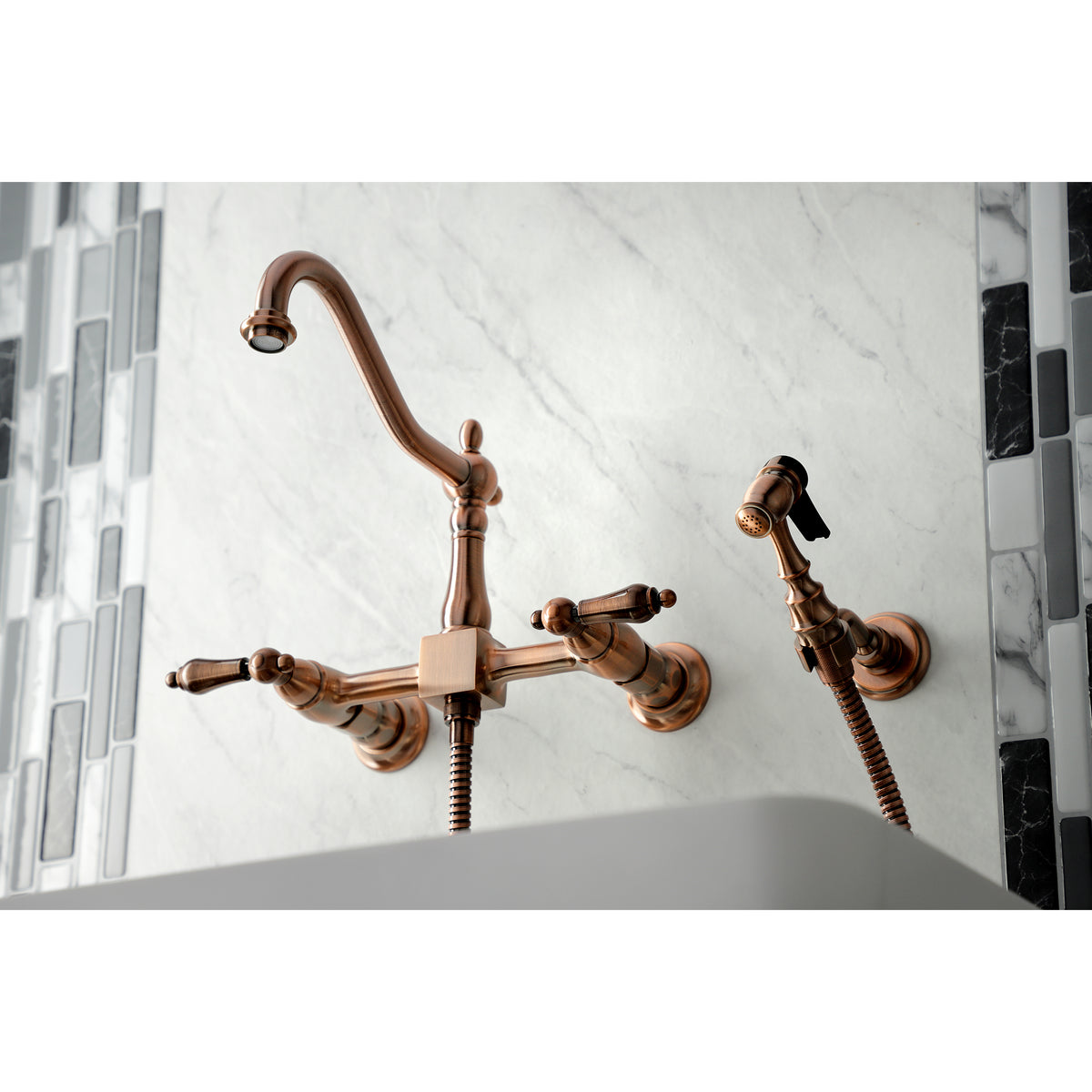 Kingston Brass KS1246ALBS Heritage Wall Mount Bridge Kitchen Faucet with Brass Spray