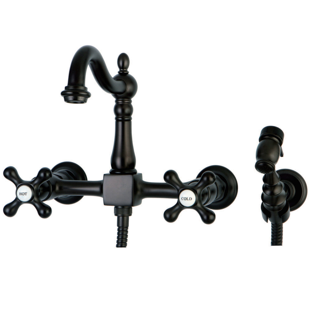 Kingston Brass KS1265AXBS Heritage Wall Mount Bridge Kitchen Faucet with Brass Sprayer