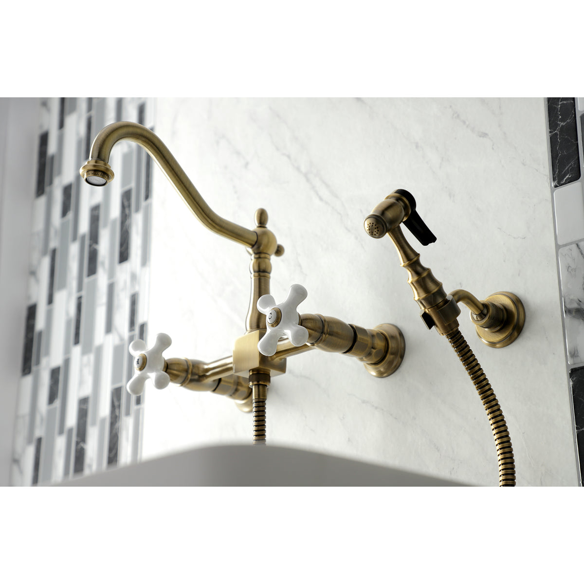 Kingston Brass KS1242PXBS Heritage Wall Mount Bridge Kitchen Faucet with Brass Spray