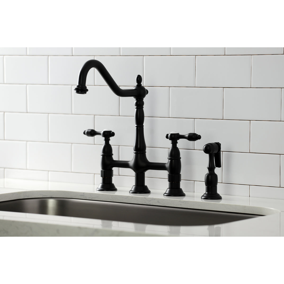 Kingston Brass KS1275TALBS Tudor Bridge Kitchen Faucet with Brass Sprayer