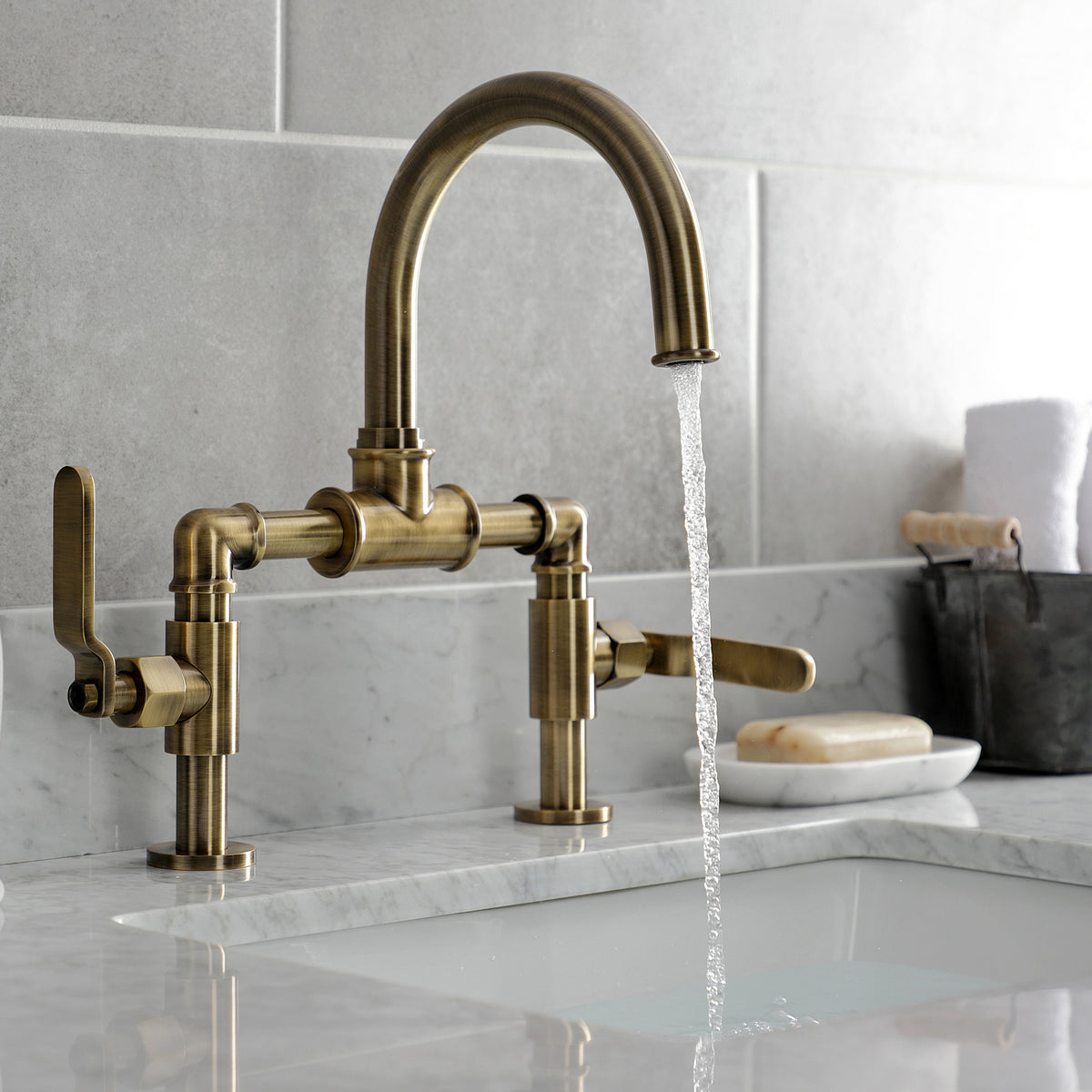 Kingston Brass KS2171KL Whitaker Industrial Style Bridge Bathroom Faucet with Pop-Up Drain