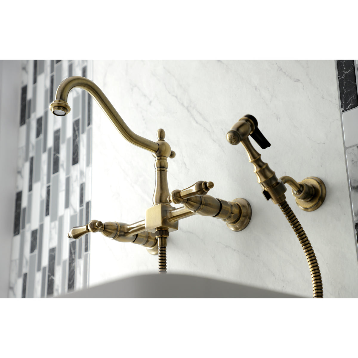 Kingston Brass KS1246ALBS Heritage Wall Mount Bridge Kitchen Faucet with Brass Spray