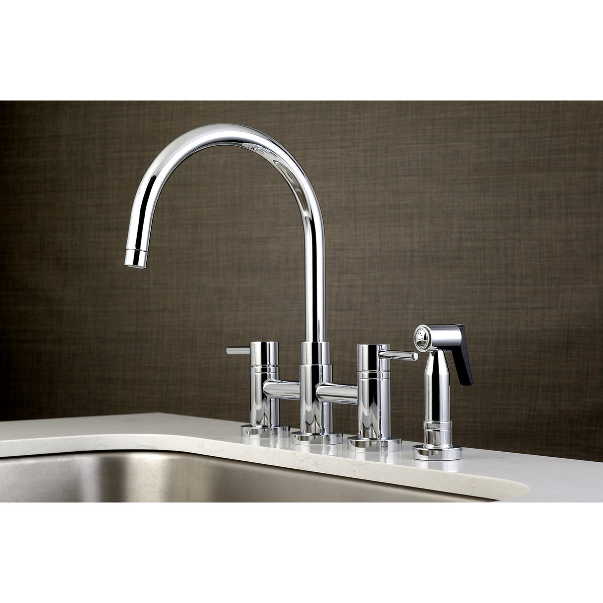 Kingston Brass KS8278DLBS Concord Two-Handle Bridge Kitchen Faucet with Brass Side Sprayer
