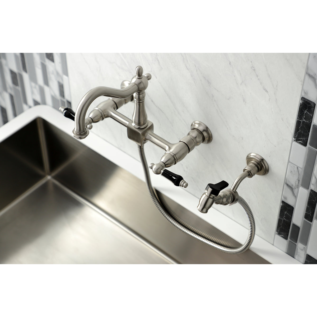 Kingston Brass KS1262PKLBS Duchess Wall Mount Bridge Kitchen Faucet with Brass Sprayer