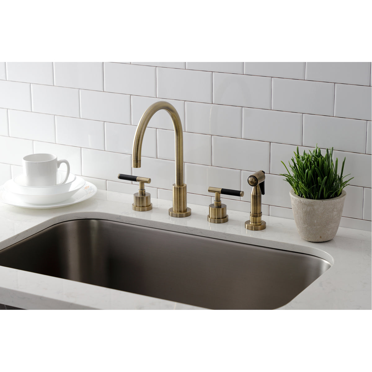 Kingston Brass KS8728CKLBS Kaiser Widespread Kitchen Faucet with Brass Sprayer