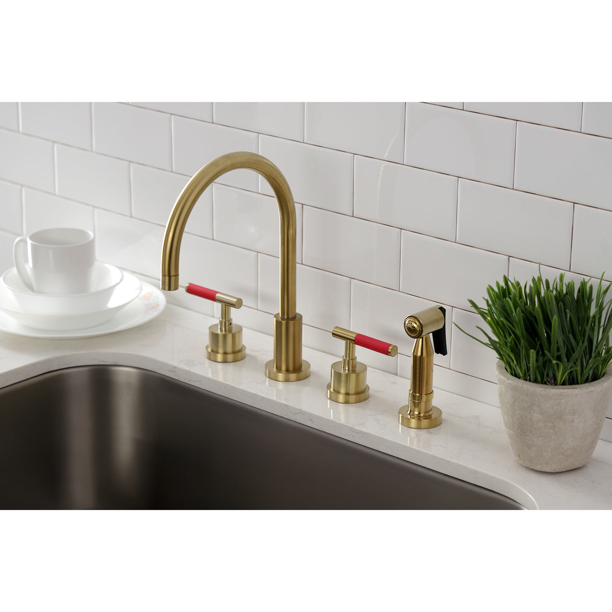Kingston Brass KS8728CKLBS Kaiser Widespread Kitchen Faucet with Brass Sprayer