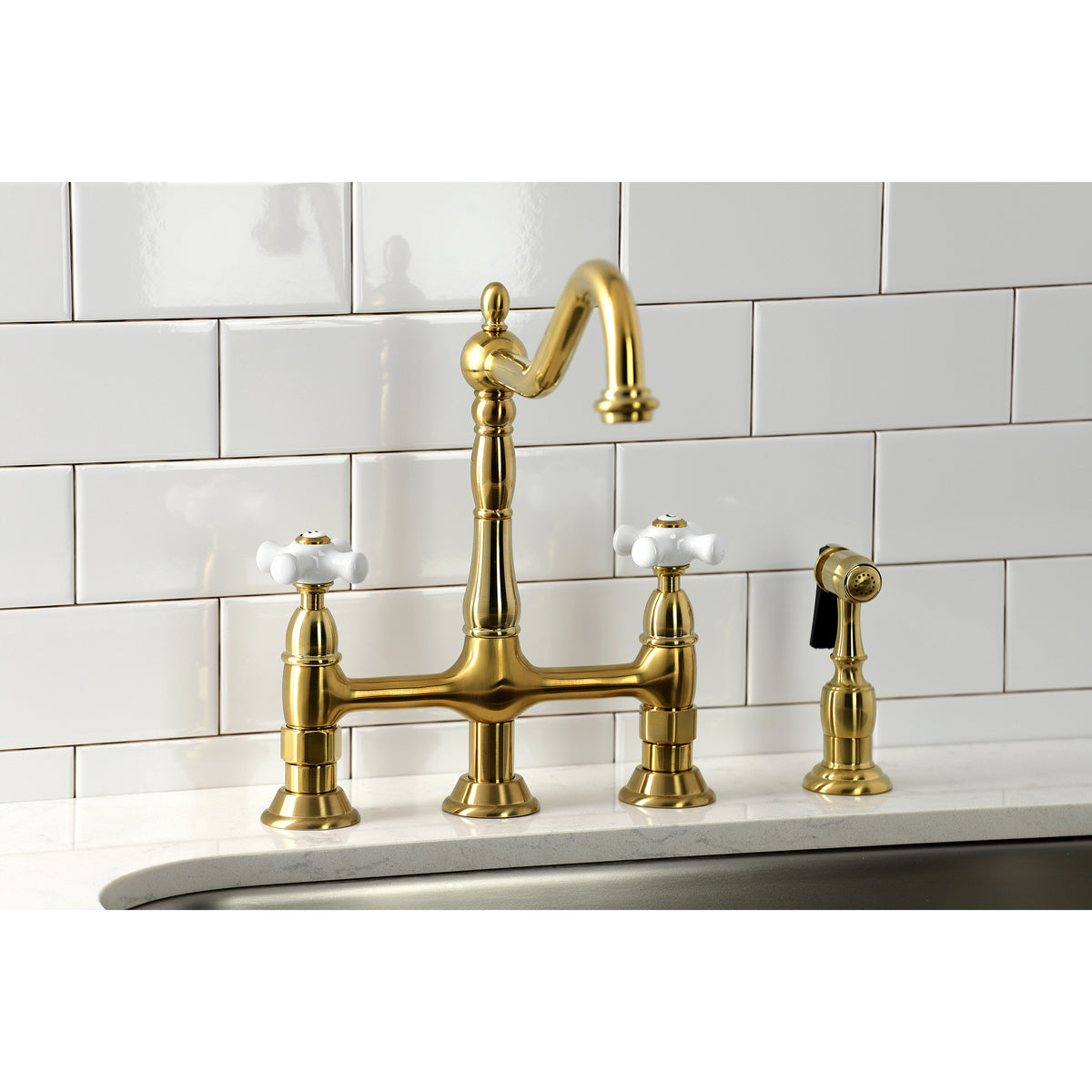 Kingston Brass KS1273PXBS Heritage Bridge Kitchen Faucet with Brass Sprayer