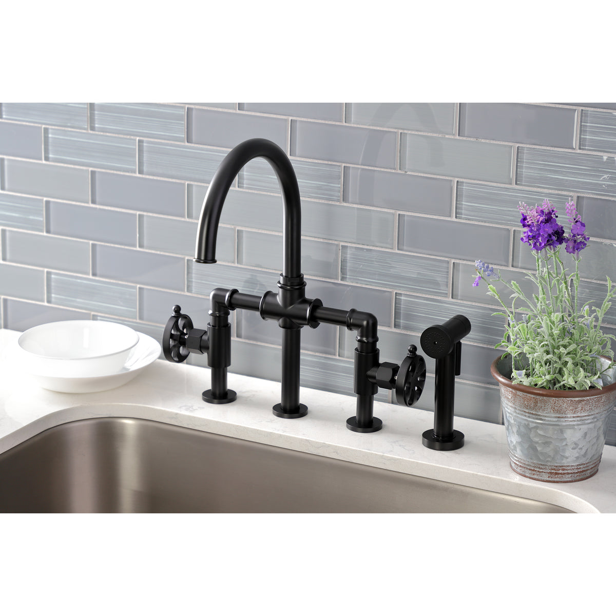 Kingston Brass KS2330RX Belknap Industrial Style Bridge Kitchen Faucet with Brass Sprayer