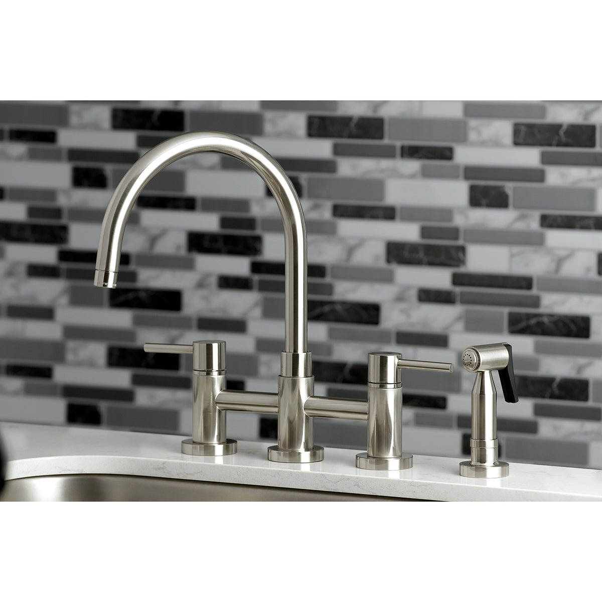 Kingston Brass KS8278DLBS Concord Two-Handle Bridge Kitchen Faucet with Brass Side Sprayer