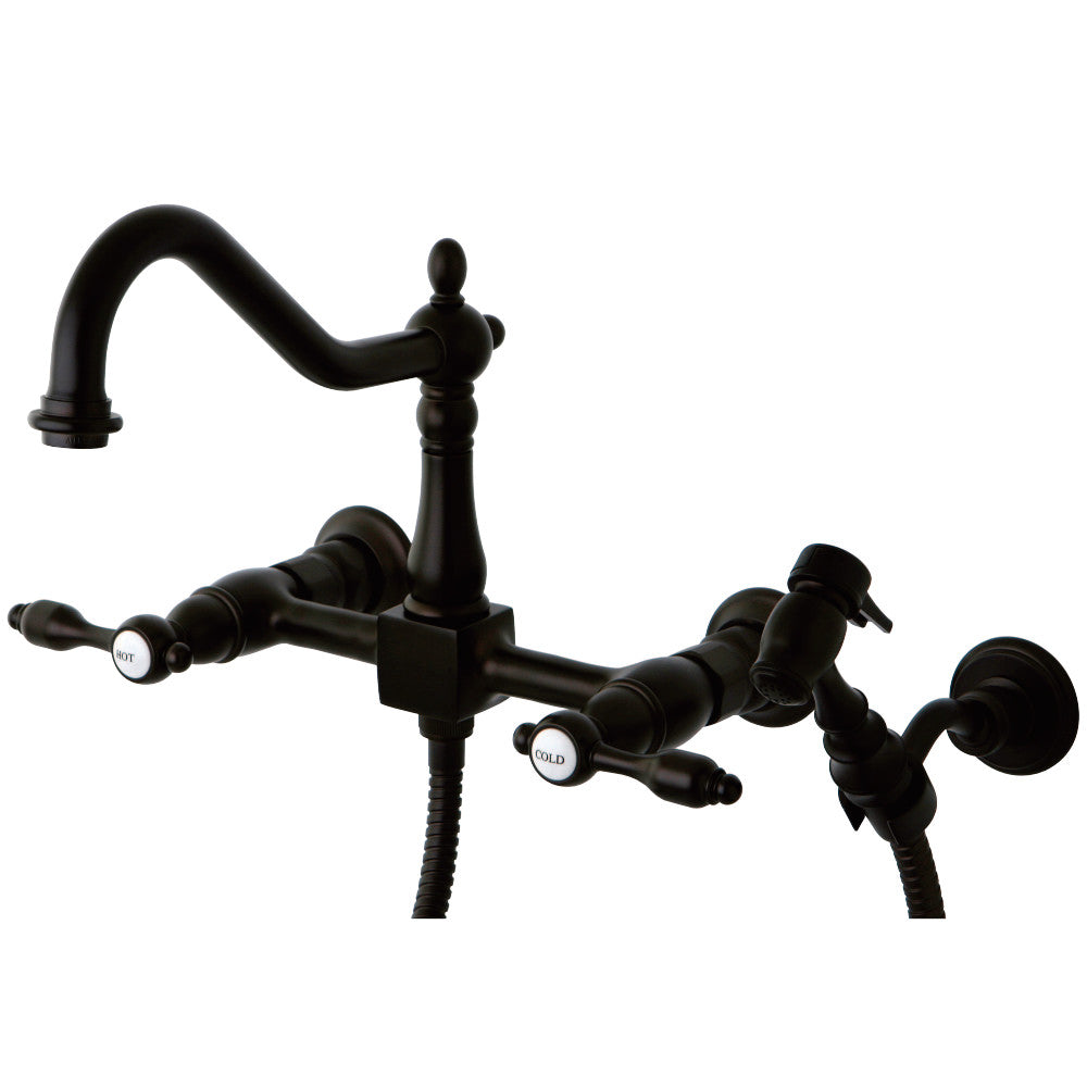 Kingston Brass KS1245TALBS Tudor Wall Mount Bridge Kitchen Faucet with Brass Spray