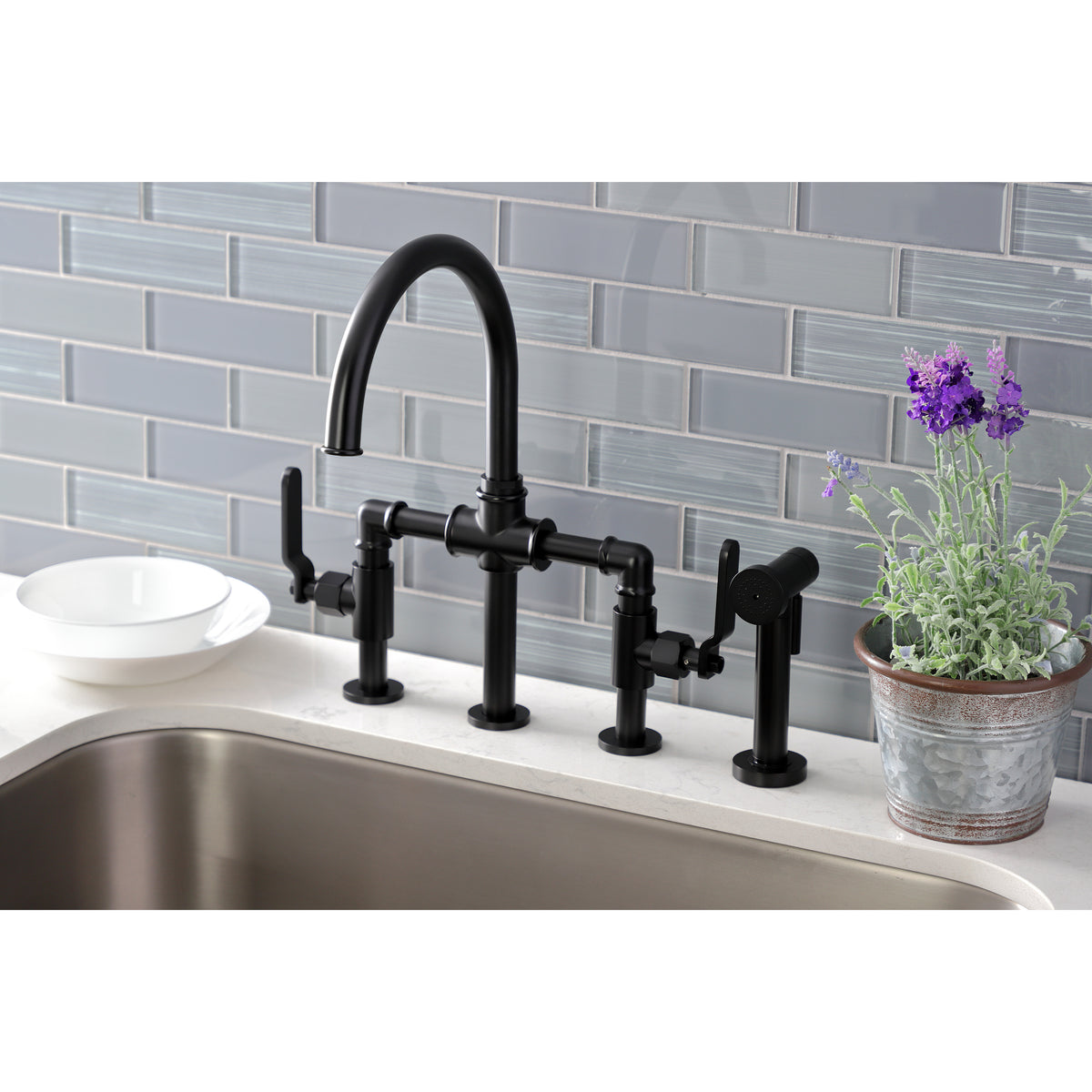 Kingston Brass KS2330KL Whitaker Industrial Style Bridge Kitchen Faucet with Brass Sprayer