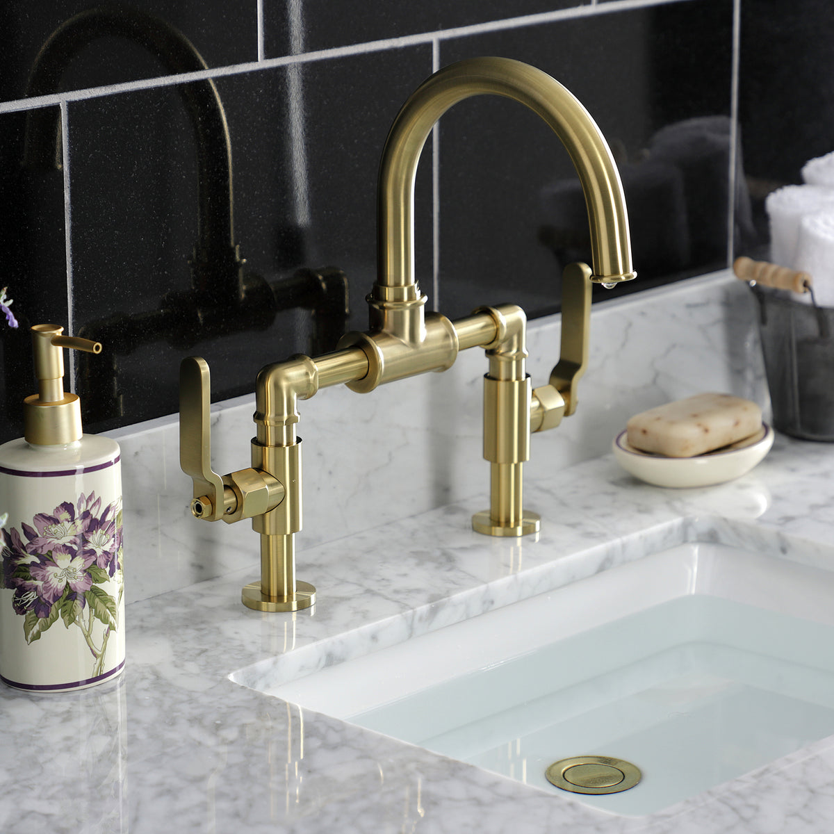 Kingston Brass KS2171KL Whitaker Industrial Style Bridge Bathroom Faucet with Pop-Up Drain