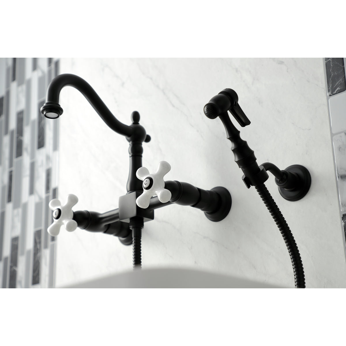 Kingston Brass KS1261PXBS Heritage Wall Mount Bridge Kitchen Faucet with Brass Sprayer