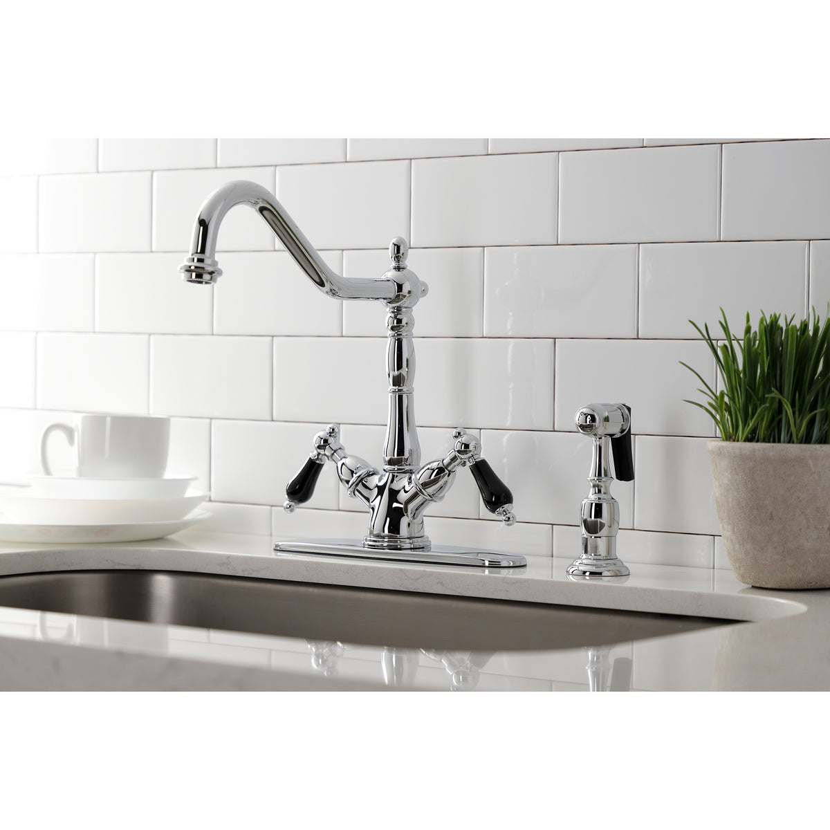 Kingston Brass KS1235PKLBS 8" Centerset Deck Mount Kitchen Faucet with Brass Sprayer