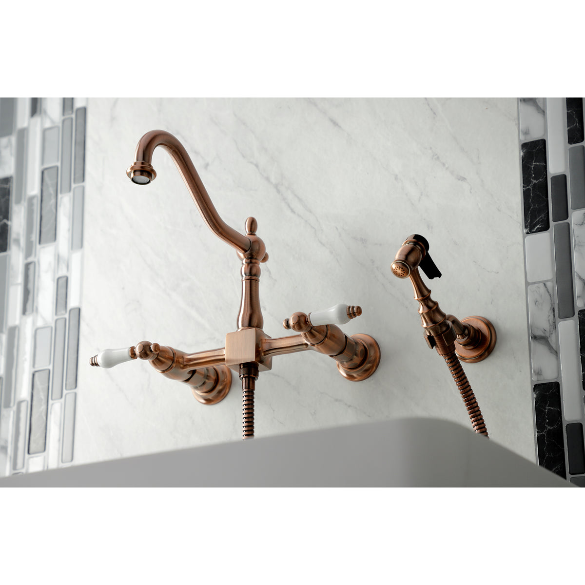 Kingston Brass KS1243PLBS Heritage Wall Mount Bridge Kitchen Faucet with Brass Spray