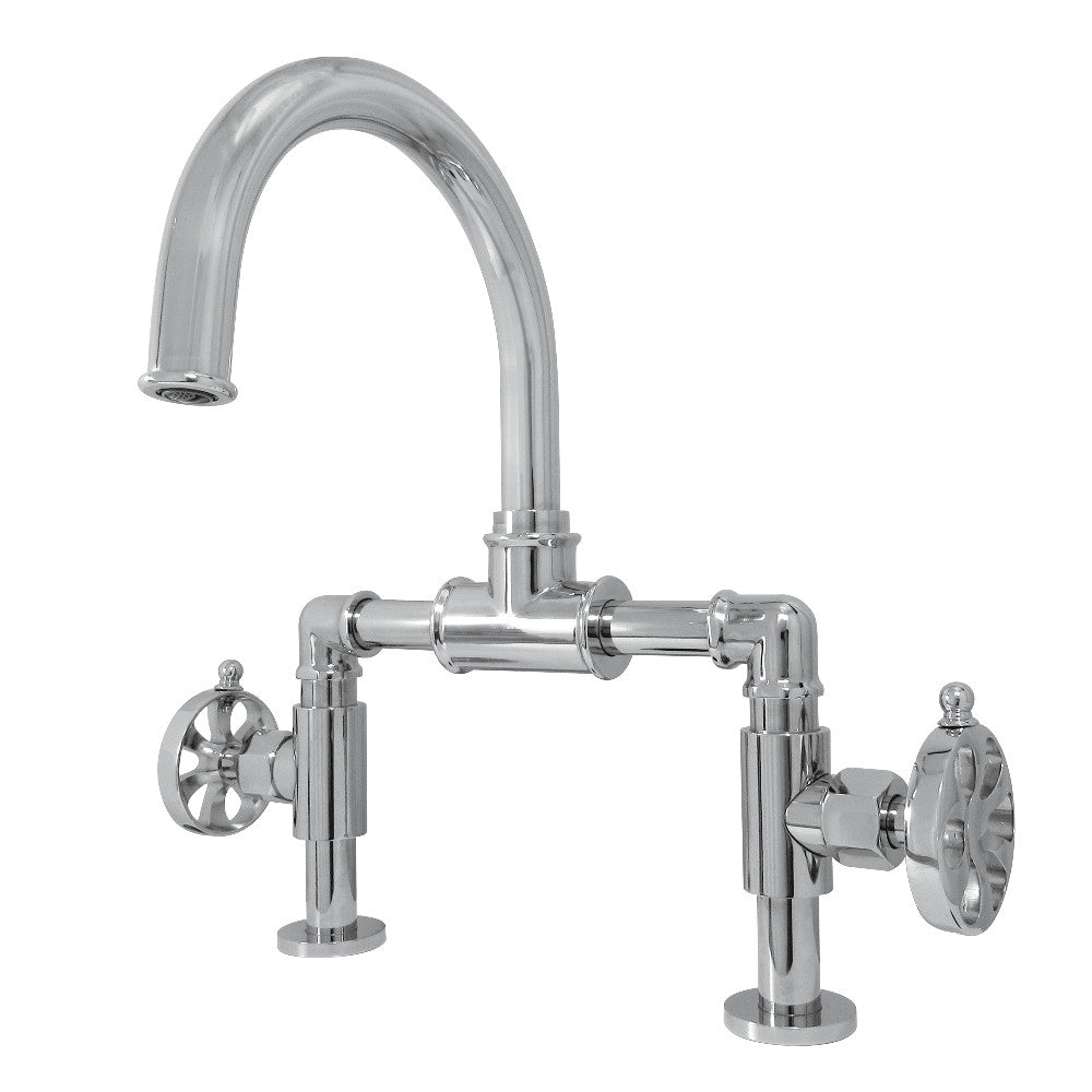 Kingston Brass KS217RXVN Belknap Industrial Style Wheel Handle Bridge Bathroom Faucet with Pop-Up Drain