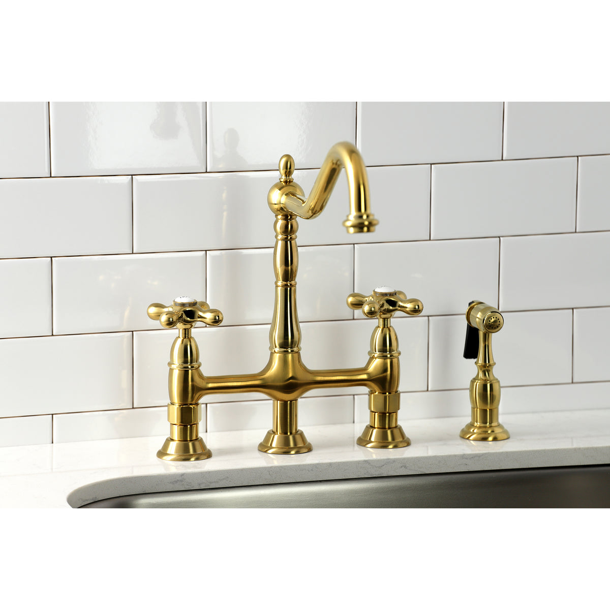 Kingston Brass KS1270AXBS Heritage Bridge Kitchen Faucet with Brass Sprayer