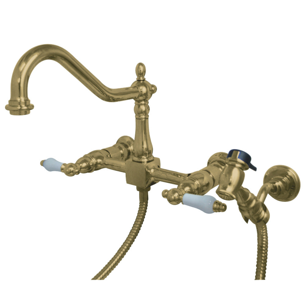 Kingston Brass KS1243PLBS Heritage Wall Mount Bridge Kitchen Faucet with Brass Spray