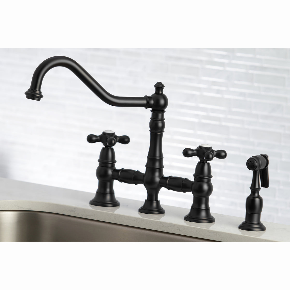 Kingston Brass KS3276AXBS Restoration 8" Bridge Kitchen Faucet with Sprayer