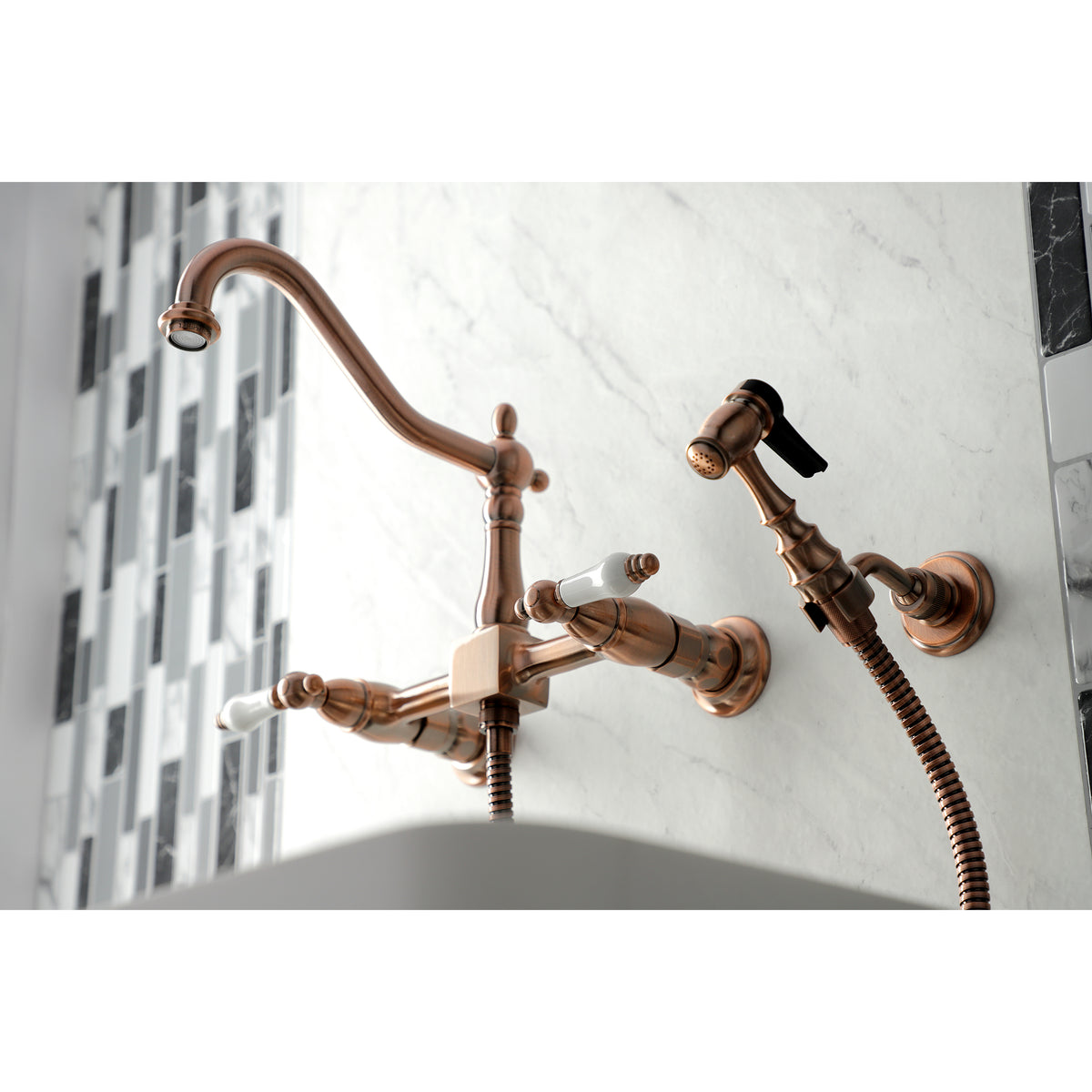 Kingston Brass KS1243PLBS Heritage Wall Mount Bridge Kitchen Faucet with Brass Spray
