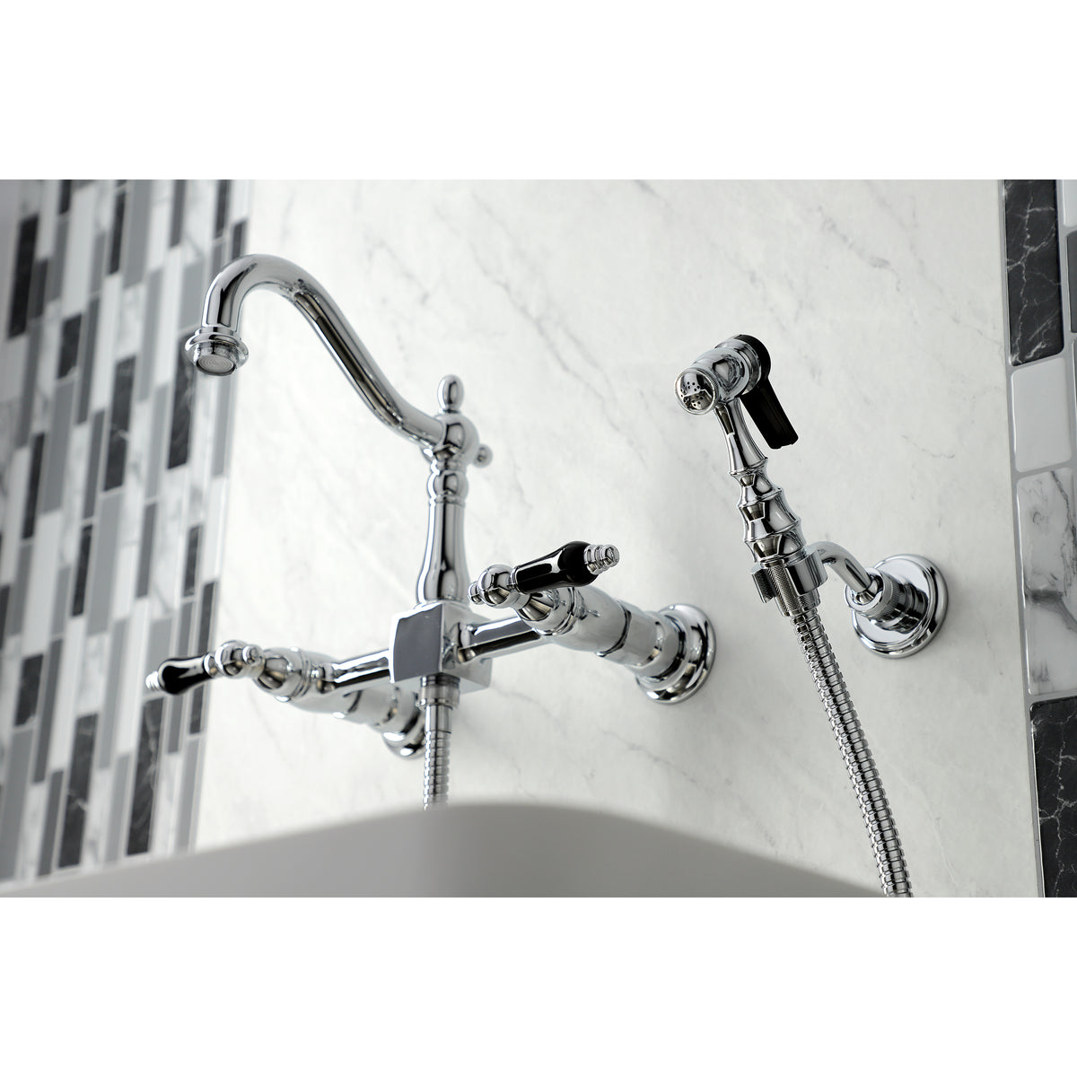 Kingston Brass KS1262PKLBS Duchess Wall Mount Bridge Kitchen Faucet with Brass Sprayer