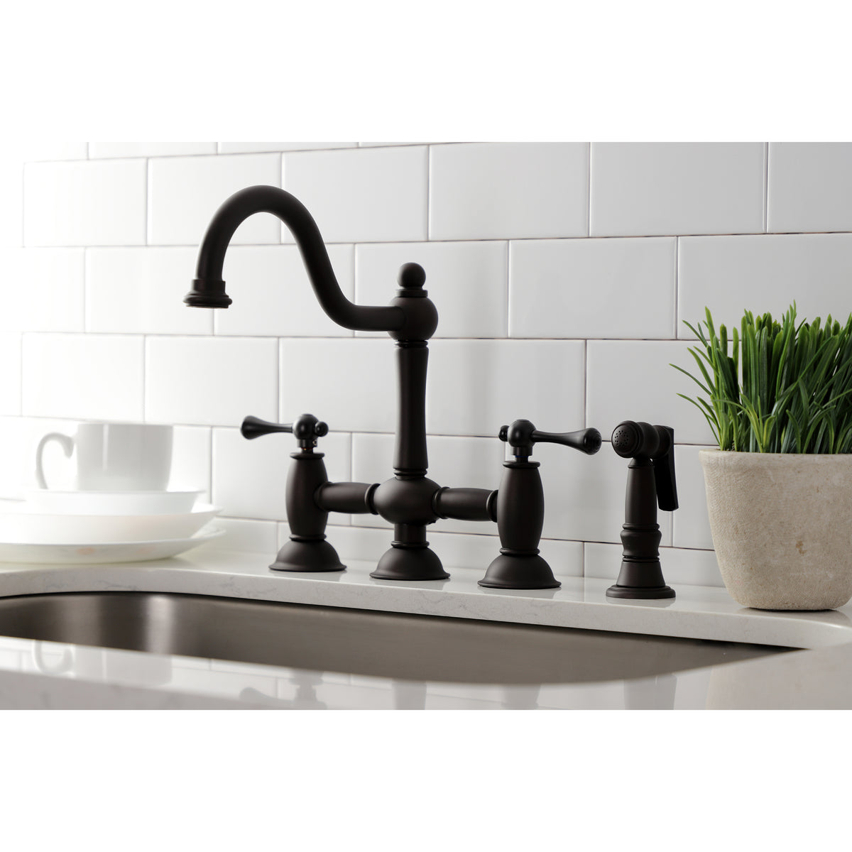 Kingston Brass KS3791BLBS Restoration Bridge Kitchen Faucet with Brass Sprayer