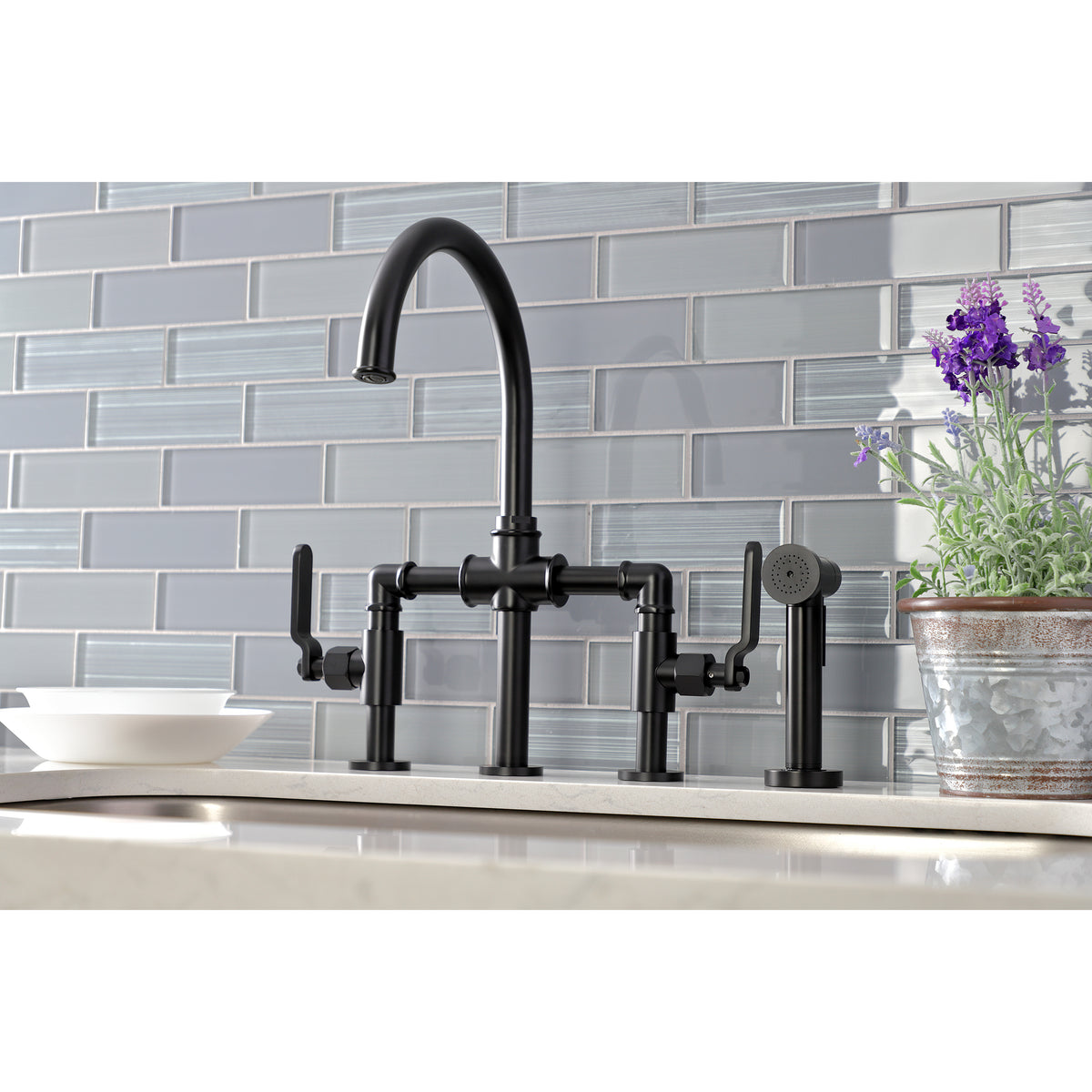 Kingston Brass KS2330KL Whitaker Industrial Style Bridge Kitchen Faucet with Brass Sprayer