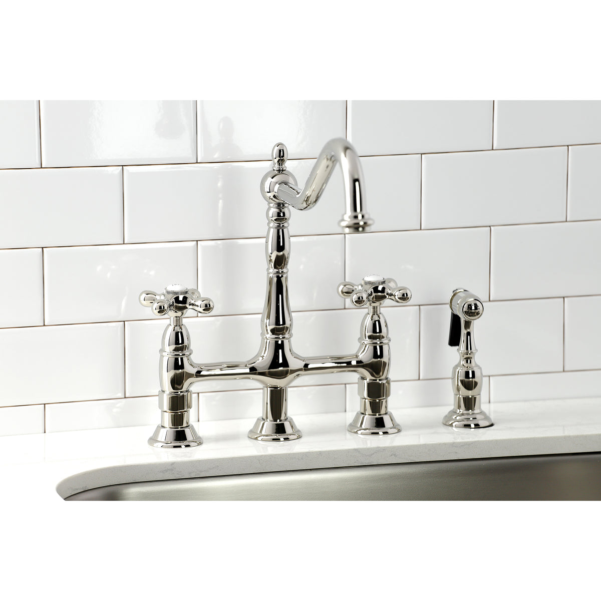 Kingston Brass KS1270AXBS Heritage Bridge Kitchen Faucet with Brass Sprayer