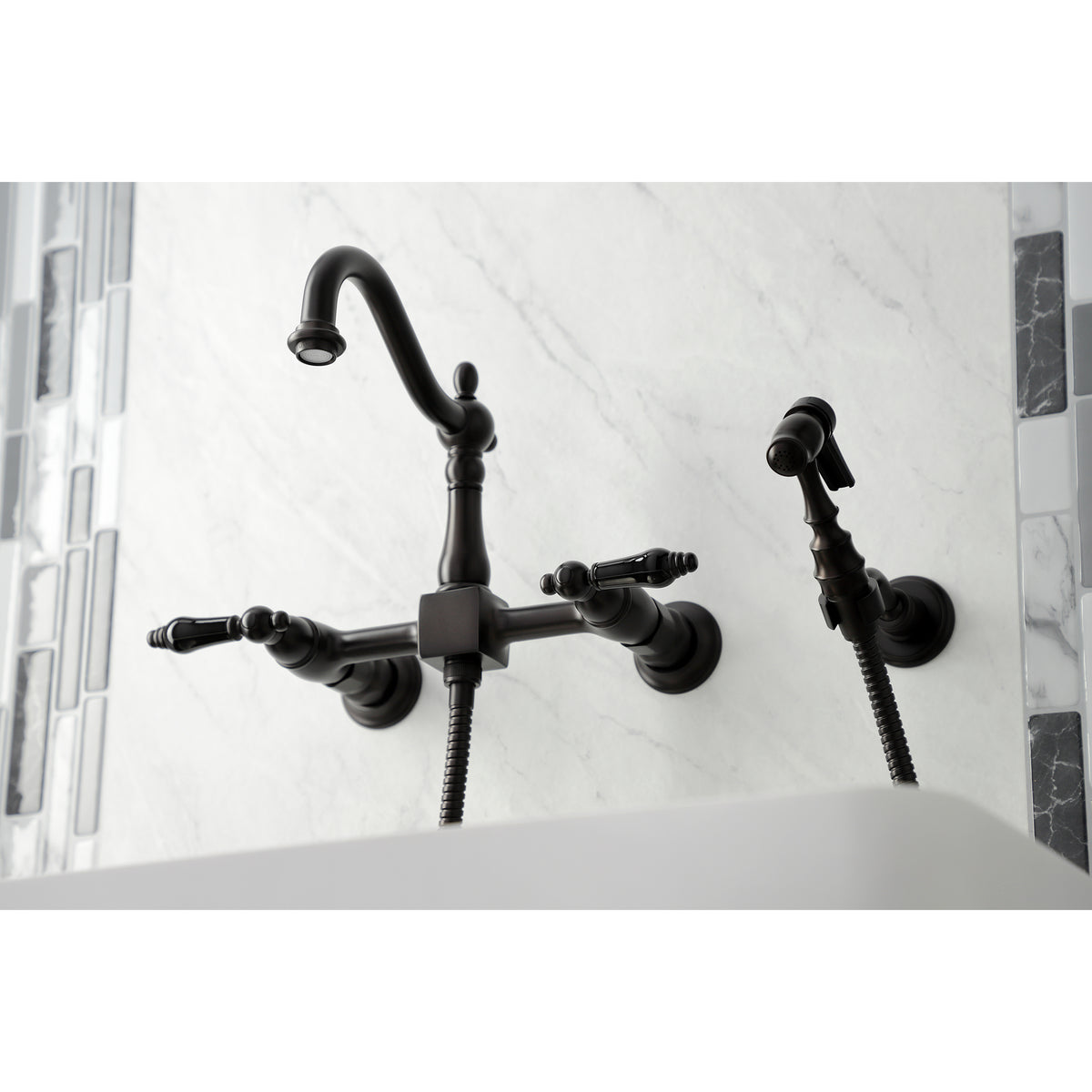 Kingston Brass KS1262PKLBS Duchess Wall Mount Bridge Kitchen Faucet with Brass Sprayer