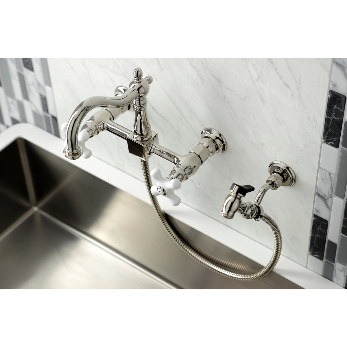 Kingston Brass KS1261PXBS Heritage Wall Mount Bridge Kitchen Faucet with Brass Sprayer