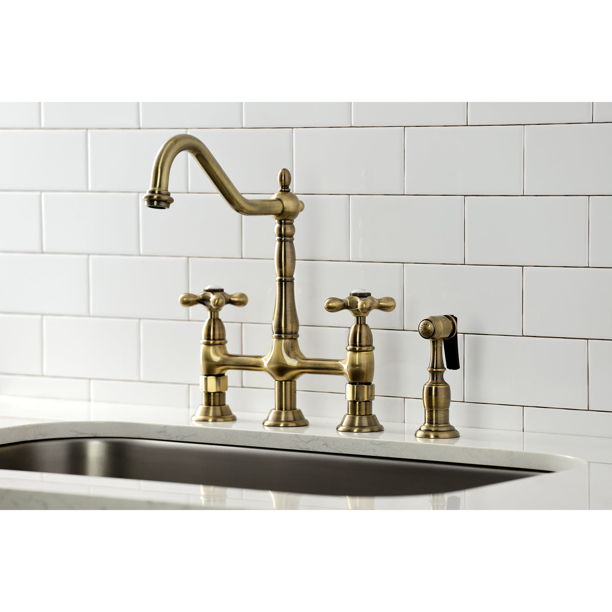 Kingston Brass KS1270AXBS Heritage Bridge Kitchen Faucet with Brass Sprayer