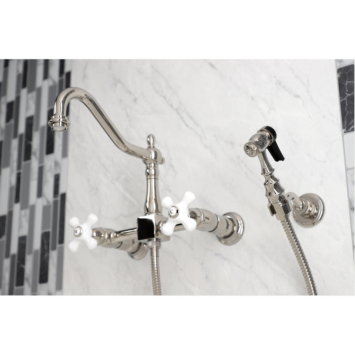 Kingston Brass KS1242PXBS Heritage Wall Mount Bridge Kitchen Faucet with Brass Spray