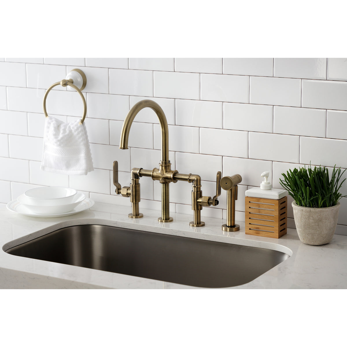 Kingston Brass KS2330KL Whitaker Industrial Style Bridge Kitchen Faucet with Brass Sprayer