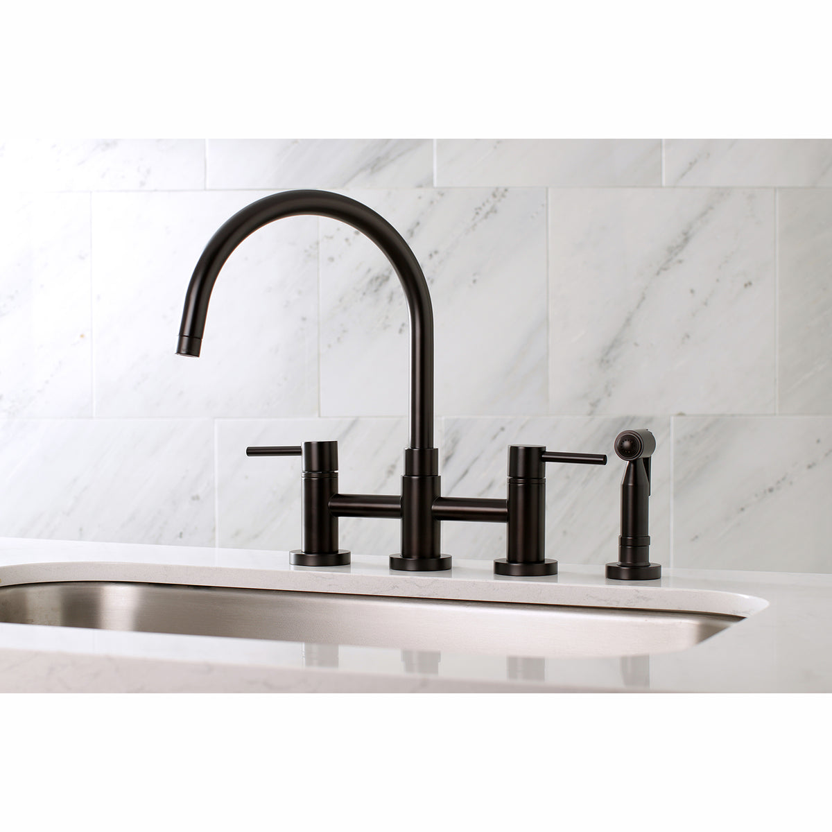 Kingston Brass KS8278DLBS Concord Two-Handle Bridge Kitchen Faucet with Brass Side Sprayer