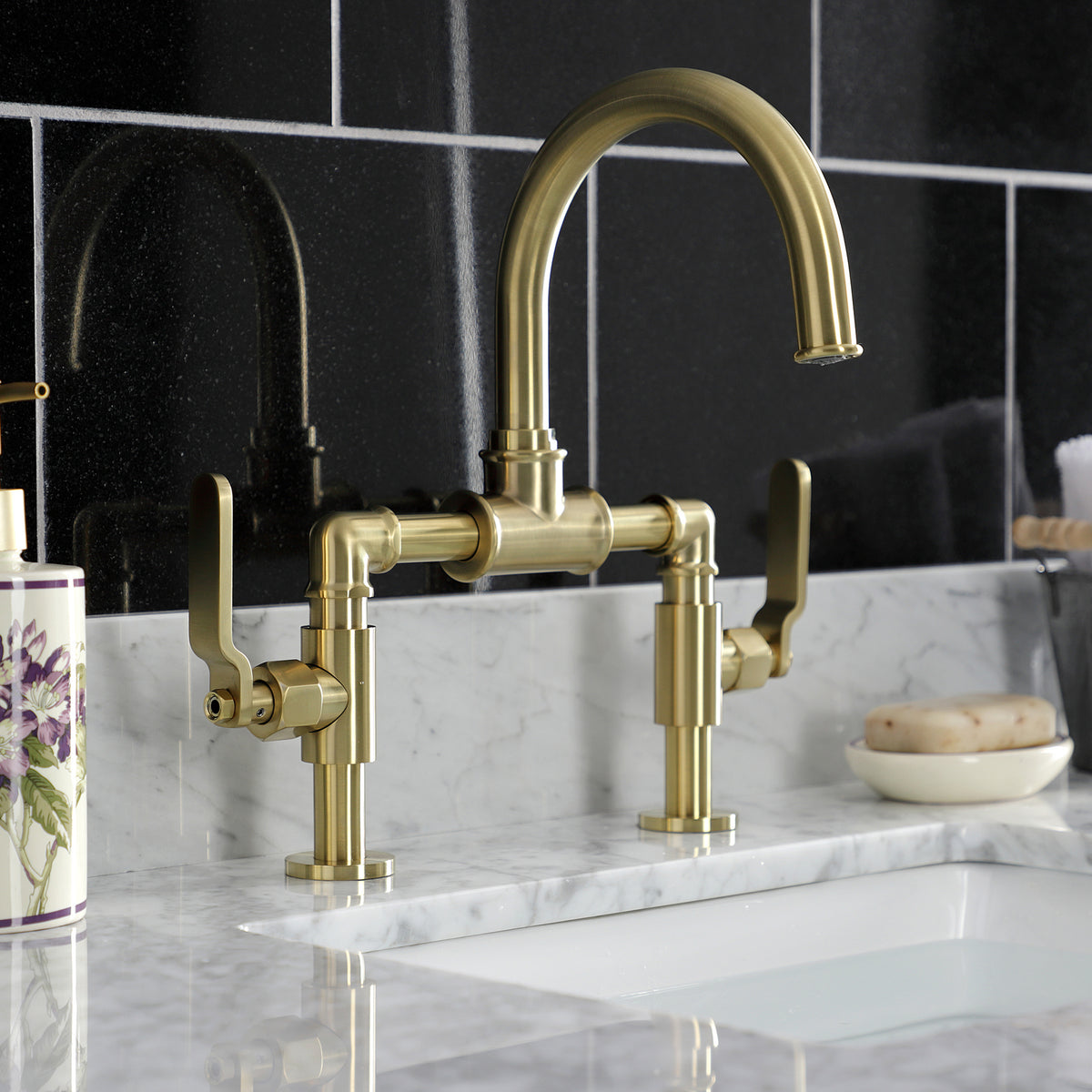 Kingston Brass KS2171KL Whitaker Industrial Style Bridge Bathroom Faucet with Pop-Up Drain