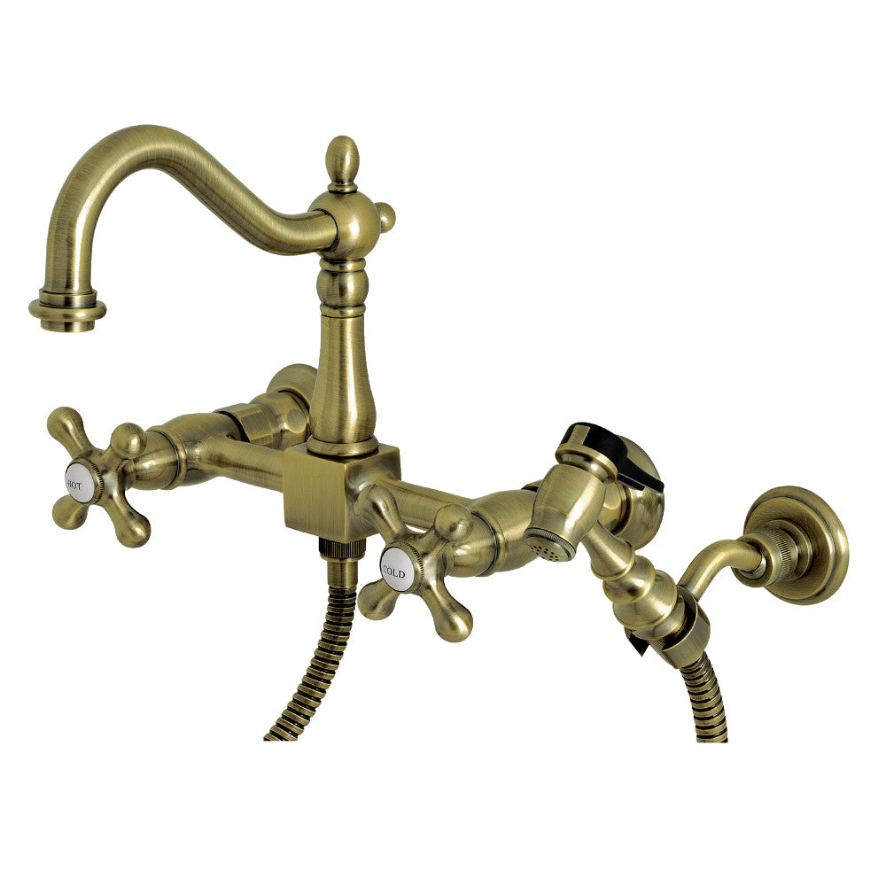 Kingston Brass KS1265AXBS Heritage Wall Mount Bridge Kitchen Faucet with Brass Sprayer