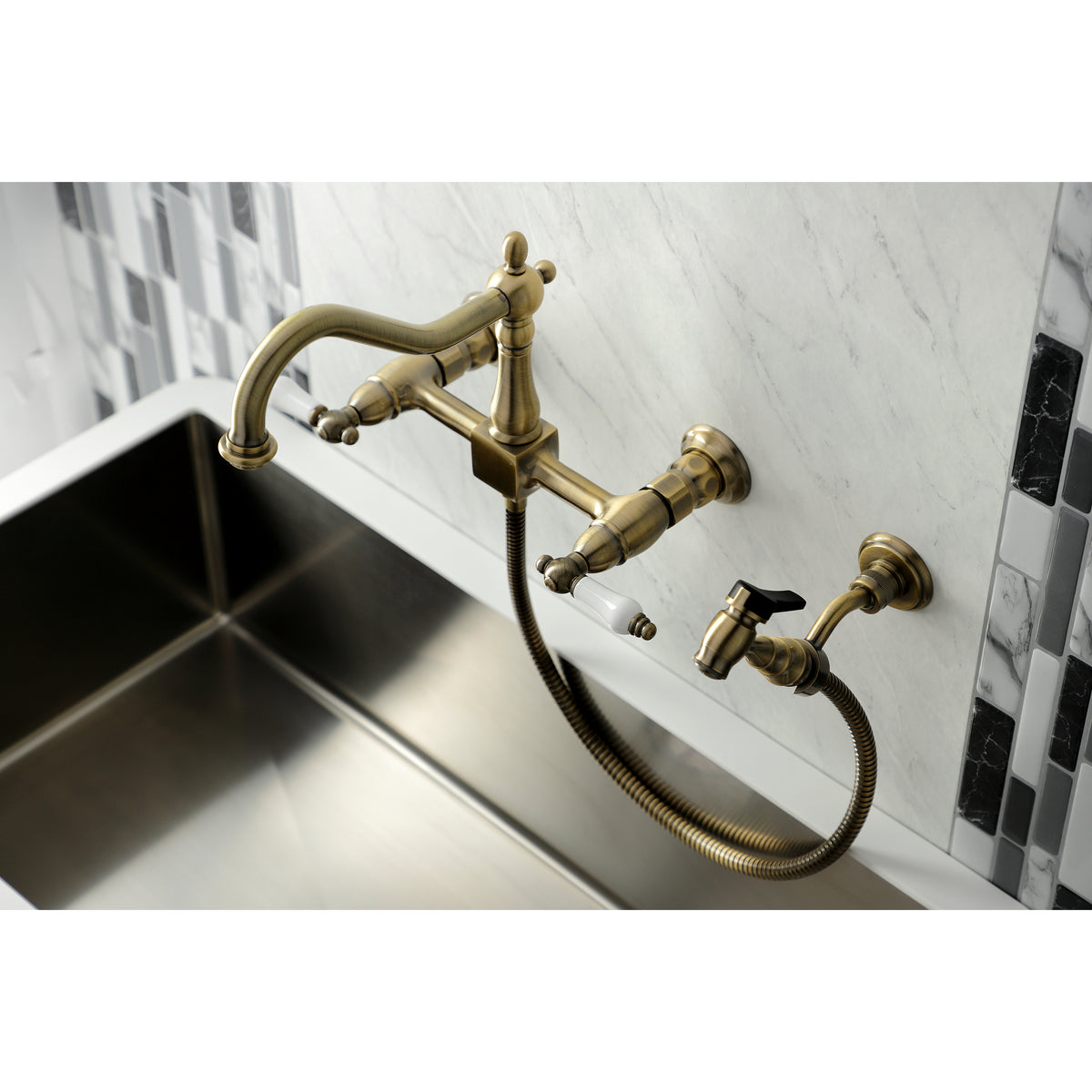 Kingston Brass KS1243PLBS Heritage Wall Mount Bridge Kitchen Faucet with Brass Spray