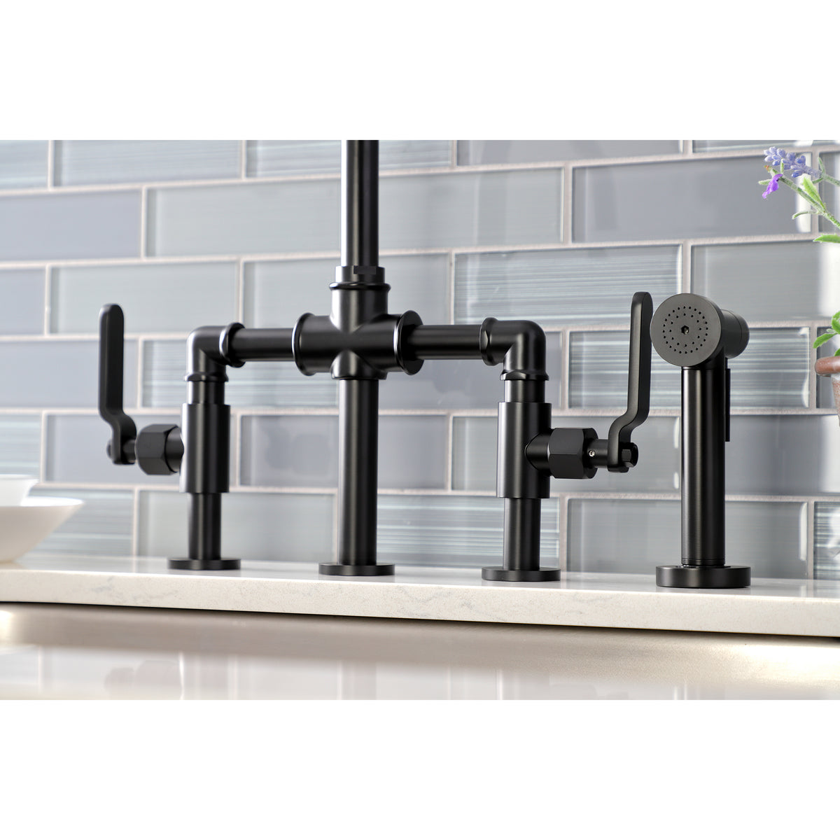 Kingston Brass KS2330KL Whitaker Industrial Style Bridge Kitchen Faucet with Brass Sprayer