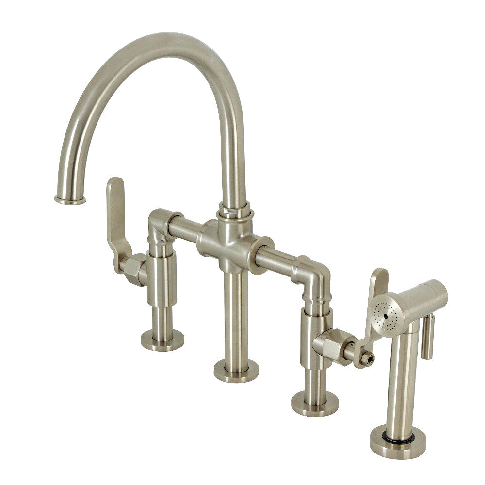 Kingston Brass KS2330KL Whitaker Industrial Style Bridge Kitchen Faucet with Brass Sprayer