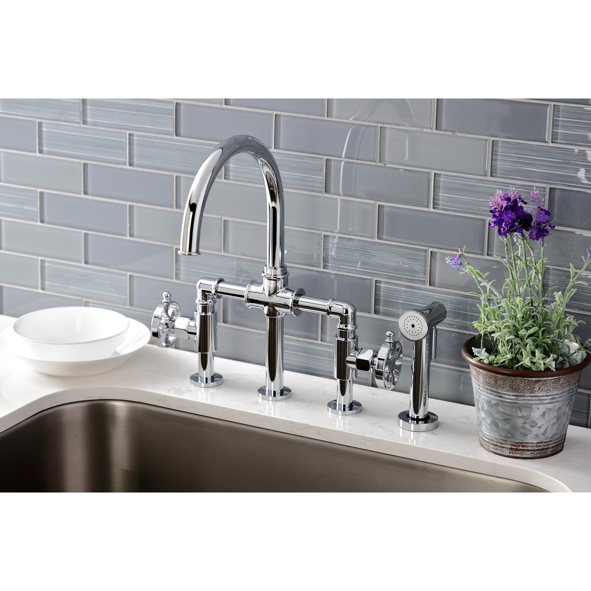 Kingston Brass KS2330RX Belknap Industrial Style Bridge Kitchen Faucet with Brass Sprayer