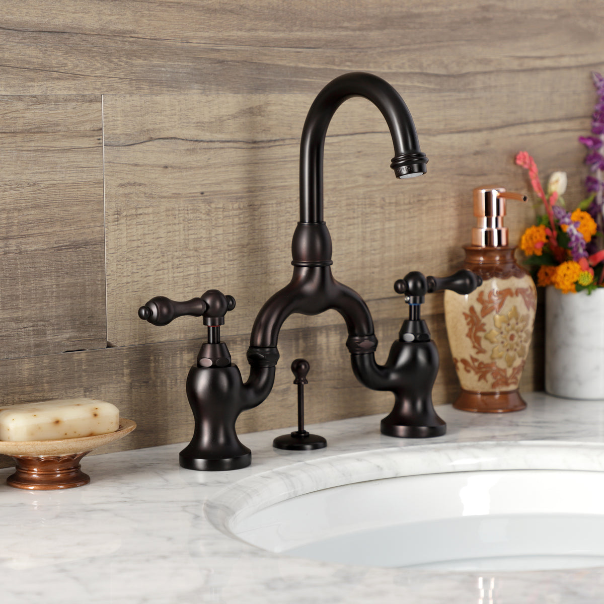 Kingston Brass KS7995AL English Country Bridge Bathroom Faucet with Brass Pop-Up