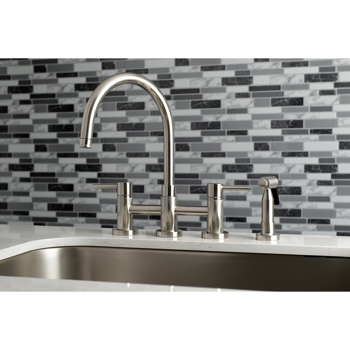 Kingston Brass KS8278DLBS Concord Two-Handle Bridge Kitchen Faucet with Brass Side Sprayer