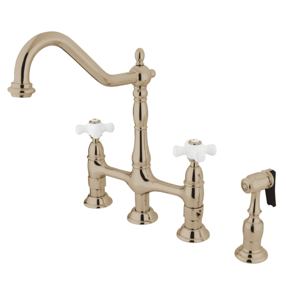 Kingston Brass KS1273PXBS Heritage Bridge Kitchen Faucet with Brass Sprayer
