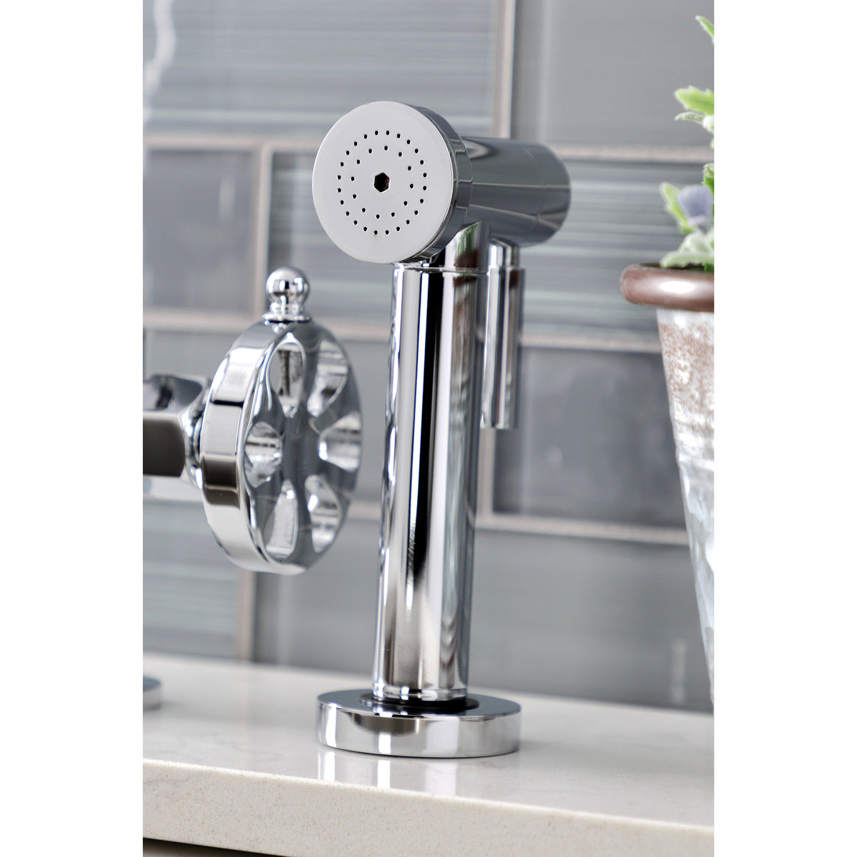 Kingston Brass KS2330RX Belknap Industrial Style Bridge Kitchen Faucet with Brass Sprayer