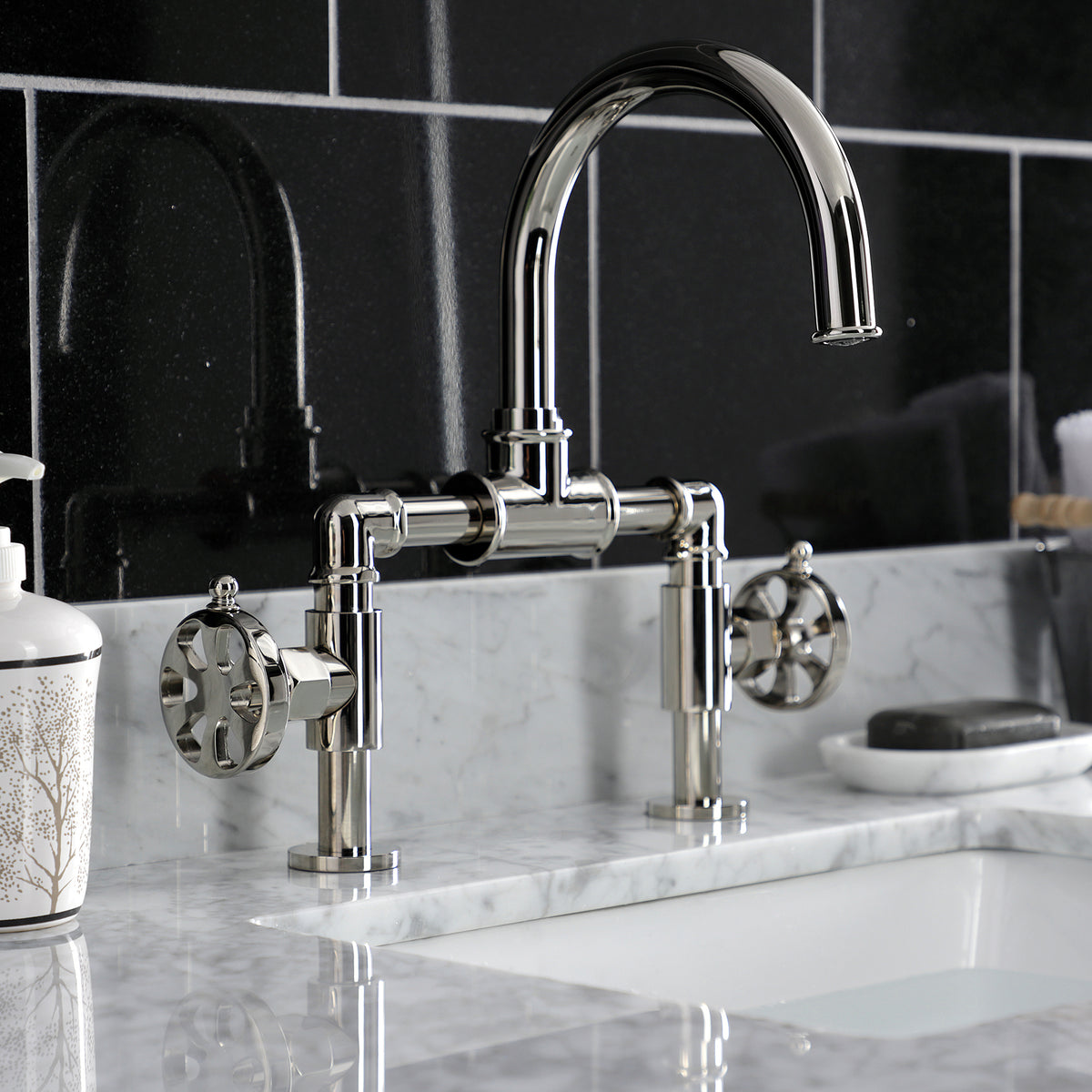 Kingston Brass KS217RXVN Belknap Industrial Style Wheel Handle Bridge Bathroom Faucet with Pop-Up Drain