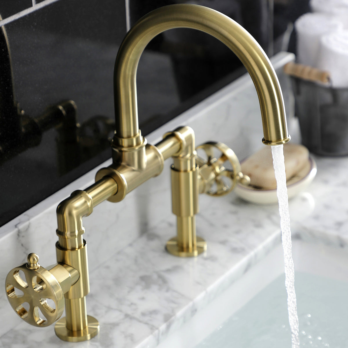 Kingston Brass KS217RXVN Belknap Industrial Style Wheel Handle Bridge Bathroom Faucet with Pop-Up Drain
