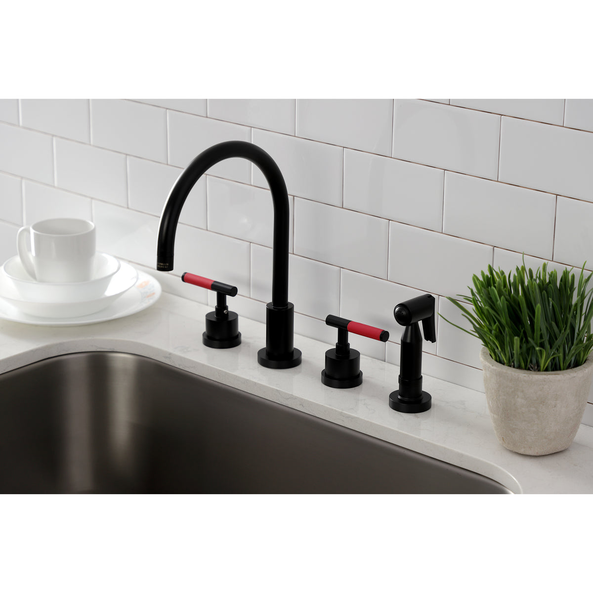 Kingston Brass KS8728CKLBS Kaiser Widespread Kitchen Faucet with Brass Sprayer